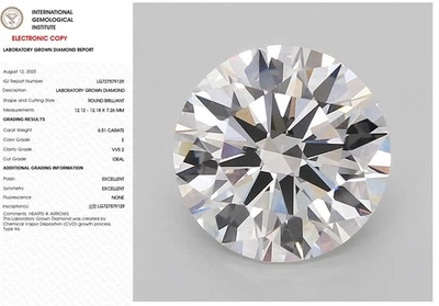 6.51 Round Lab Grown Diamond For Engagement Ring IGI Certify E VVS2 - Image 1 of 4