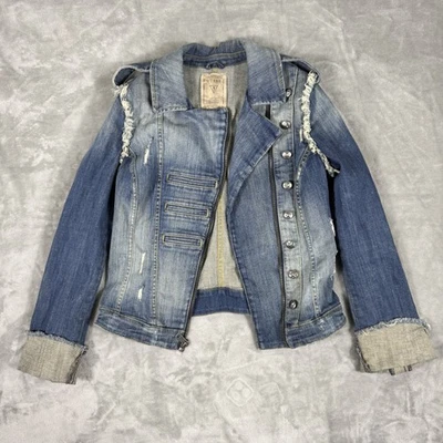 Chaqueta Guess Jeans Mujer Mediana Azul Envejecido Moto Denim Cremallera Completa Tachonada Foto 1 de 4