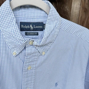 Ralph Lauren Mens M Blue White Gingham Blue Pony Short Sleeve Button Down Shirt - Picture 1 of 11