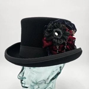 Rabe Zylinder Hut 7-1/4 Wollfilz Steampunk Topper viktorianisch Goth Spitze Perlen tailliert - Bild 1 von 18