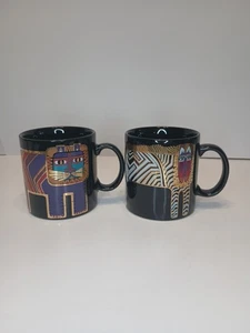 Pair Of Laurel Burch Lion/Cat Mug's Two Designs Gold Accent - Picture 1 of 11
