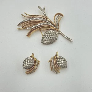 Trifari Pave Pinecone Acorn Egrets Brooch Pin Earrings Set Alfred Philippe Rare - Picture 1 of 11