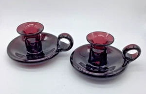 Purple Glass Candle Stick Holder Finger Loop Handle, Hand Blown,Vintage,Set of 2 - Picture 1 of 5