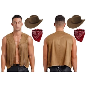 Men's Cowboy Waistcoat with Hat Bandana Set Adult Western Fancy Dress Up AU - Picture 1 of 21