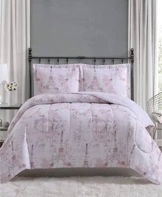 Paris Comforter Set King Size – 3 Pc Pink Eiffel Tower Print Bedding by Pem Amer - Image 1 of 4