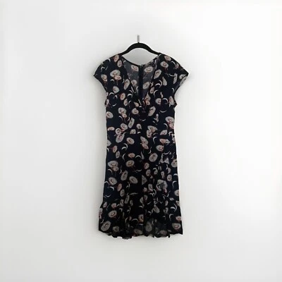 Vestido J Crew Mercantile Azul Marino Floral Volantes Cortos Frontales Envoltura Mangas Cortas 8 Foto 1 de 4