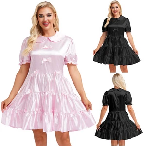 Womens Puff Sleeves Bowknot Ruffle Stain Dress Glossy Role Play Party Costume - Picture 1 of 22