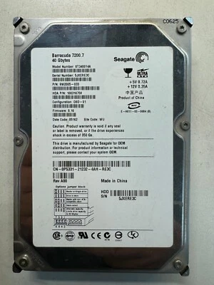 SEAGATE ST340014A 9W2005-033 40GB Firmware 8.16 Date Code 05162 ATA 100MBps 3.5" - Image 1 of 4