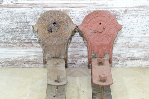 Lot Of 2 Two Rusty Cast Iron F.E. MYERS & BROS.  Stayon Barn Door Hanger Rollers Cover