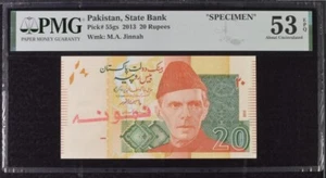 RARE Limited Qty PAKISTAN 2013 *SPECIMEN NAMOONA* 20 RUPEES P 55gs PMG 53 EPQ CU - Picture 1 of 2