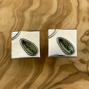 Kuratierte Vintage Manschettenknöpfe Silber Olivgrün Oval Facettiert Edelstein - Bild 1 von 4