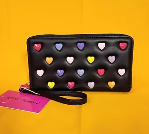 Betsey Johnson Geldbörse farbig Herz Nieten Kalbsleder umlaufender Reißverschluss schwarz NEU - Bild 1 von 13