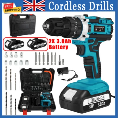 21V Cordless Combi Hammer Impact Drill Driver Electric Screwdriver W/2 Battery