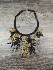 Black Gray Gold Seed Bead Fringe Tassel Crochet Statement Necklace - Picture 1 of 3