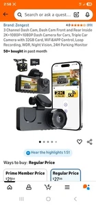 3 Channel Dash Cam Dash Cam Front and Rear, Parking Monitor, 32 GB Card - Picture 1 of 6
