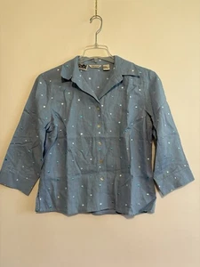 richard malcolm irish linen Blue Shirt Medium M Lagenlook Polka Dot Button Up - Picture 1 of 6