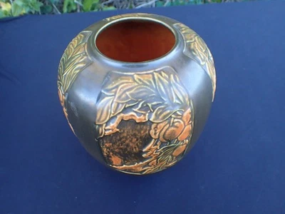 Vtg. Roseville Rosecraft Panel Brown 1926 Arts And Crafts Pottery Ceramic Vase - Image 1 of 4