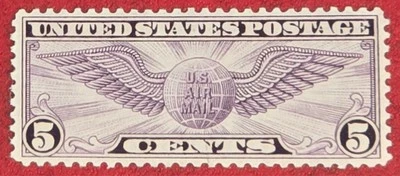 US STAMP AIR MAIL SCOTT C12 1930 5C WINGED GLOBE PERFORATION 11 VF OG MLH - Image 1 of 4