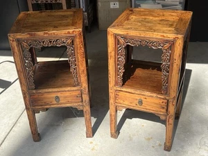 Vintage Chinese Pair Side Stand Table single drawer, carving, red lacquer - Picture 1 of 14
