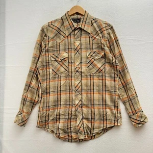 VTG JCPenney Men's L 16.5-34 Western Pearl Snap Cream Tan Orange Plaid 80s 90s - Picture 1 of 9