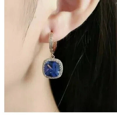 3Ct Cushion Lab-Created Blue Sapphire Drop Dangle Earring 14K Yellow Gold Plated - Image 1 of 4
