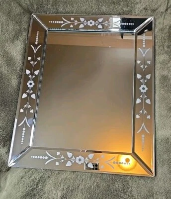 Antique Mirrored 20in x 16in Etched Framed Mirror Art Deco Hollywood Glam  - Image 1 of 4