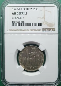 1923A FRENCH INDO CHINA 20 CENTS SILVER NGC AU DETAILS CLEANED - Picture 1 of 2