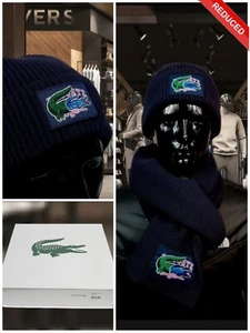 JUEGO BUFANDA GORRO MARINO AZUL ACANALADO LACOSTE LANA LAINE HECHO EN FRANCIA PRECIO DE VENTA SUGERIDO POR EL FABRICANTE 149 £ - Imagen 1 de 13