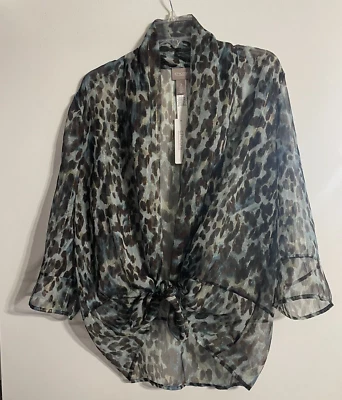 NWT CHICO'S Animal Luster Sheer SZ 2, 12-14 MED Jacket 3/4-Sleeve Cover-Up Teal - Image 1 of 4