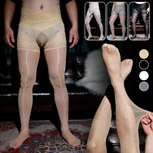 Men Sexy Oil Shiny Glossy Pantyhose Stocking Tights Lace Sheer Underwear Lingeri - Picture 1 of 24