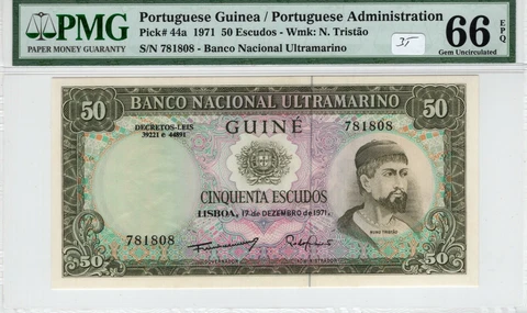 Portuguese Guinea 1971 50 Escudos PMG Certified Banknote UNC 66 EPQ Gem Pick 44a Cover
