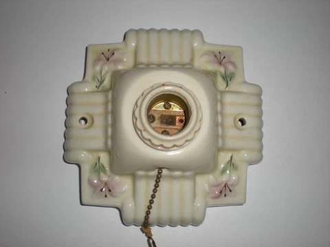 PORCELAIN LIGHT FIXTURE Ribbed FLUSH MOUNT vtg FLORAL LILY 1930's ART DECO Cover