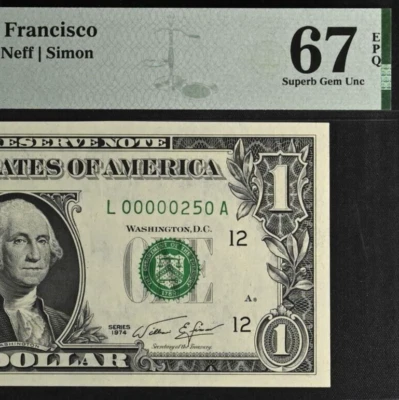 1974 $1 Federal Reserve Note PMG 67EPQ birthday low serial number 00000250 - Image 1 of 3