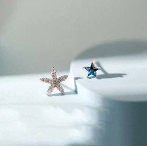 Pave Blue Cubic Zirconia Silver Star Mismatch Stud Earring - Picture 1 of 2