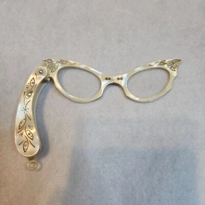 Vintage Folding Lorgnette Cat Eye Opera Reading Glasses Lucite With Rhinestone - Picture 1 of 6