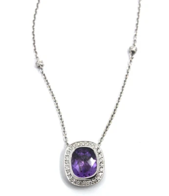 18k Solid White Gold Natural Amethyst & Diamond Pendant Necklace (0.32 Tcw.) - Image 1 of 4
