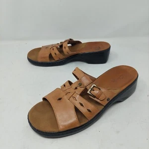 Clarks Tan Leather Slide Heeled Sandals Open Toe Bohemian Coastal Beach Size 8.5 - Picture 1 of 9