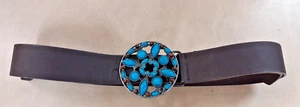 Western Style Leather Belt Turquoise Stones Round Buckle Charity Sale - Picture 1 of 7