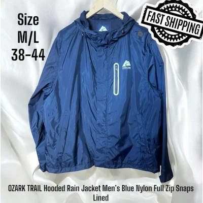 OZARK TRAIL Hooded Rain Jacket Mens M/L (38-44) Blue Nylon Full Zip Snaps Lined - Image 1 of 4