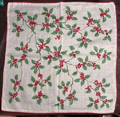Vintage Handkerchief Hanky Christmas Red Green Flowers and finished border - Image 1 of 2