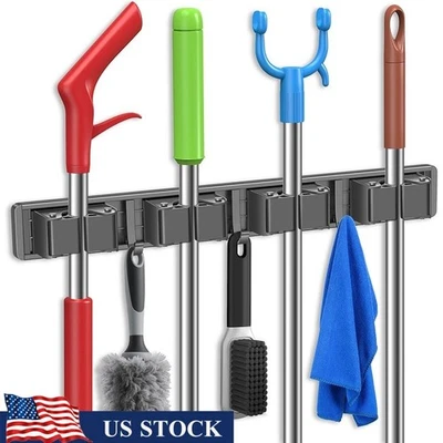Soporte de escoba ajustable organizador de montaje en pared con ganchos antideslizante almacenamiento duradero Foto 1 de 4