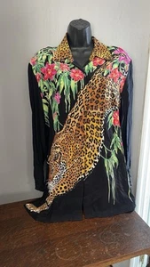 Diane Gilman cheetah print silk blouse with floral accents glam Size L - Picture 1 of 6