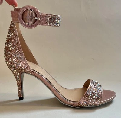 New Moda In Pelle MetallicRose Gold ‘Katiy’ Diamanté Sandals - Image 1 of 4