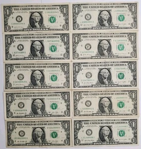 LUCKY 999 Ten $1 One Dollar Bills Fancy Serial Number Angle Numbers - Picture 1 of 2