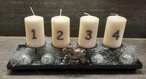 Last Minute Adventskranz Schwarzes Metall Tablett 40x13,5 cm + Kerzen Silberdeko - Bild 1 von 6