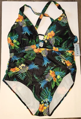 Traje de baño para mujer Yonique cuello en V profundo talla grande de una pieza-negro piña talla 18 Foto 1 de 4
