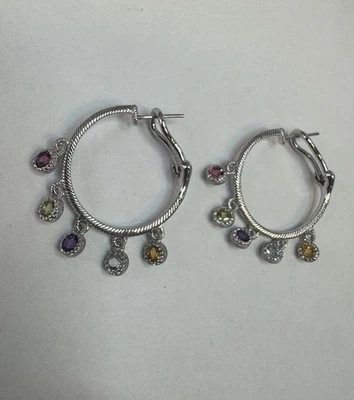 Estate Designer Judith Ripka 925 Sterling Precious Multi-Stone Hoop Earrings - Image 1 of 4