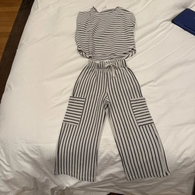 ZARA girls Youth Navy And Off White Striped Outfit Top And Pants Size 7 - Image 1 of 4