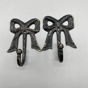 x2 Black Painted Brass Bow Ribbon Clothes Key Hanger Towel Hook Wall 4.5" x 3" - Picture 1 of 6