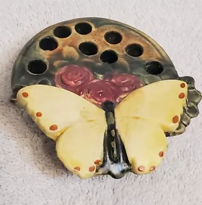Antique Weller Pottery Muskota Yellow Butterfly 9 Hole Flower Frog Roses Leaves - Imagen 1 de 8